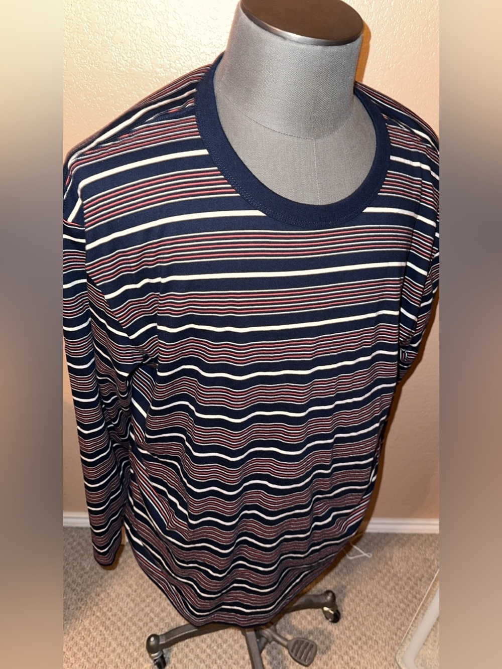 GAP Navy, White & Rust Striped Long-Sleeve Crew Shirt